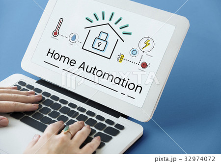 Illustration of smart house invention automation technology on laptop Illustration of smart house invention automation technology on laptop 32974072