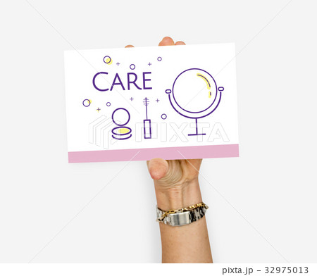 Hand holding illustration of beauty cosmetics makeover skincare banner 32975013
