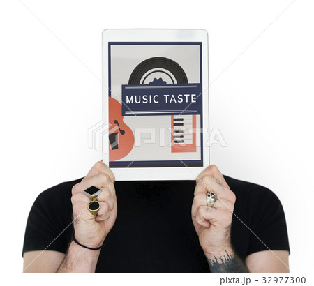 Man holding digital device covering face network graphic Man holding digital device covering face network graphic 32977300