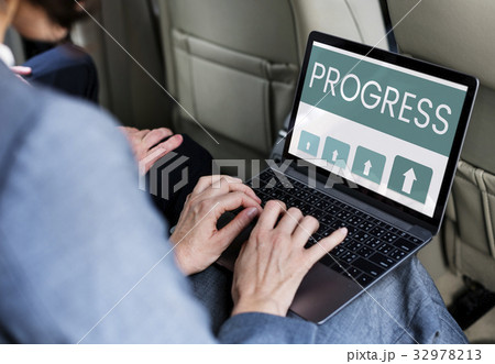 Hands working on laptop network graphic overlay 32978213