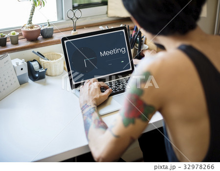 People using laptop with clock and time icon People using laptop with clock and time icon 32978266