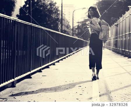 Girl Walking Around Greyscale View 32978326