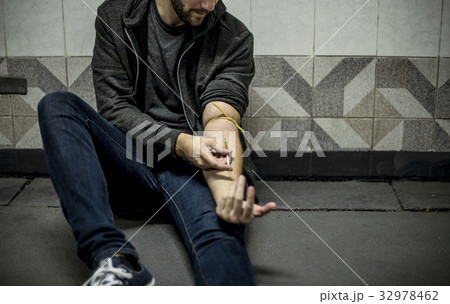 Junkie People Using Syringe Injecting Narcotic Illegal Drugs 32978462