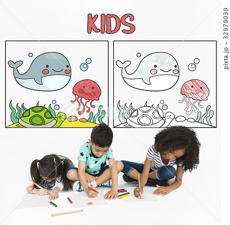 Children working on drawing pad network graphic overlay background 32979039
