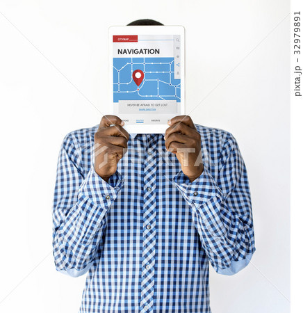 Man holding network graphic overlay digital device covering face 32979891