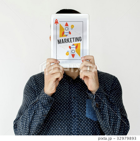 Man holding digital device covering face network graphic overlay 32979893