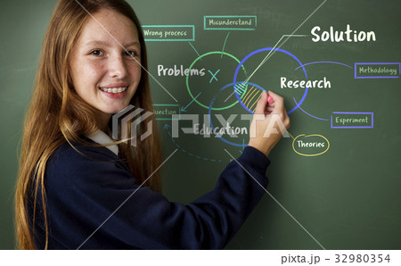 Young girl working on white board network graphic overlay 32980354