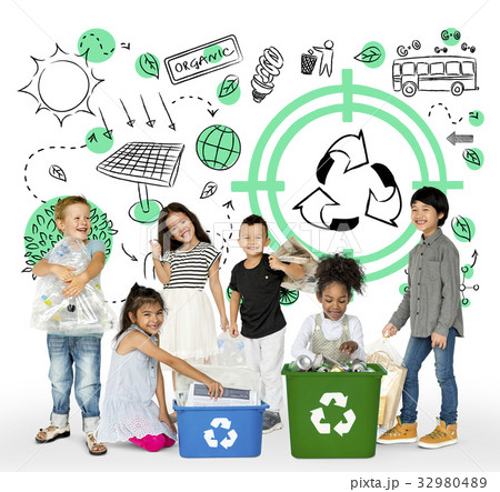 Little Kids with Recycle Sign Eco Friendly Save Earth Word Graphic Little Kids with Recycle Sign Eco Friendly Save Earth Word Graphic 32980489