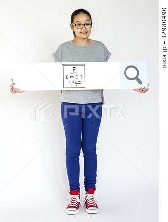 Young girl holding banner network graphic overlay 32980490