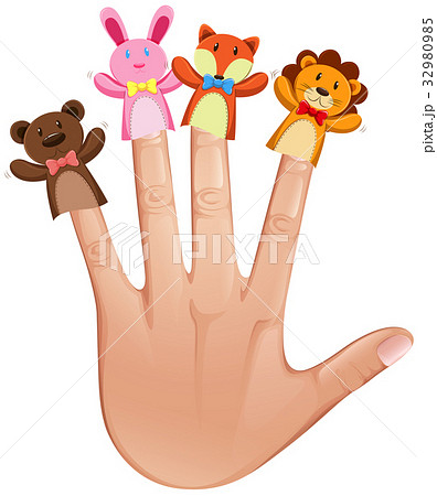 Animal finger puppets on human hand 32980985