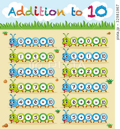 Addition to ten worksheet with caterpillar 32981967