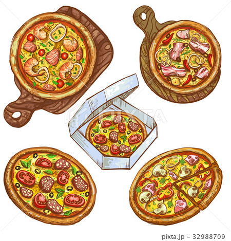 Set of vector illustrations whole pizza and slice 32988709