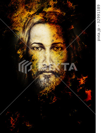 Pencils drawing of Jesus on vintage paper and 32991389