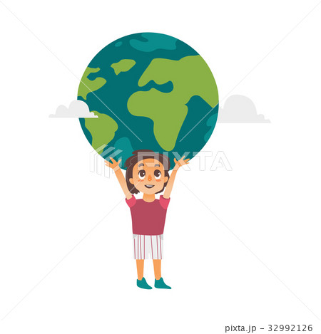 Vector flat boy lifting planet earth icon high Vector flat boy lifting planet earth icon high 32992126