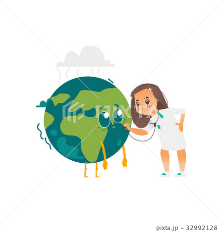 Vector doctor girl listens to earth planet lungs 32992128