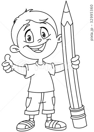 Outlined boy holding big pencil 32995360