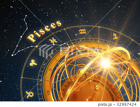 Zodiac Sign Pisces And Armillary Sphere On Blue Zodiac Sign Pisces And Armillary Sphere On Blue 32997424