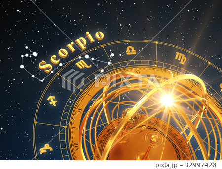 Zodiac Sign Scorpio And Armillary Sphere On Blue Zodiac Sign Scorpio And Armillary Sphere On Blue 32997428