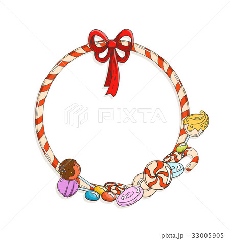 Frame of candy cane with candies and lollypops. 33005905