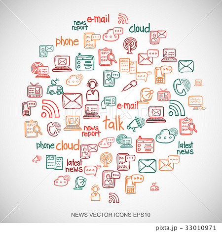 Multicolor doodles Hand Drawn News Icons set on 33010971