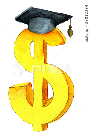 watercolor golden dollar sign with graduation hat  33012334