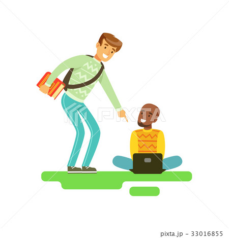 Two young smiling male students speaking, friends 33016855