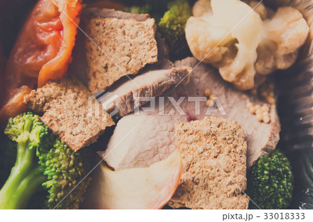 Healthy meals in boxes, diet concept. Steamed veal Healthy meals in boxes, diet concept. Steamed veal 33018333