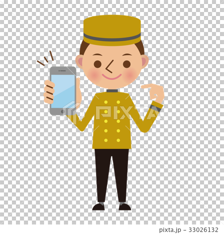Bellboy at a hotel pointing at a smartphone 33026132
