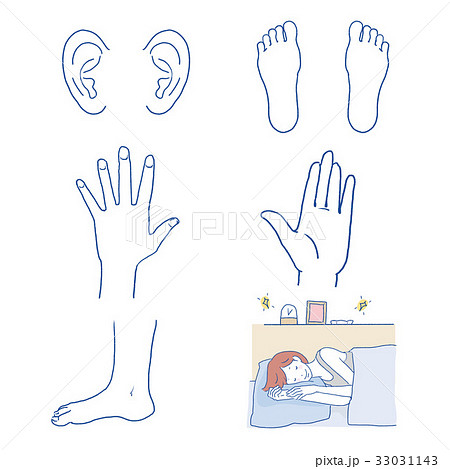 ボディパーツ 寝る女性 イラスト セット 手 耳 ツボのイラスト素材