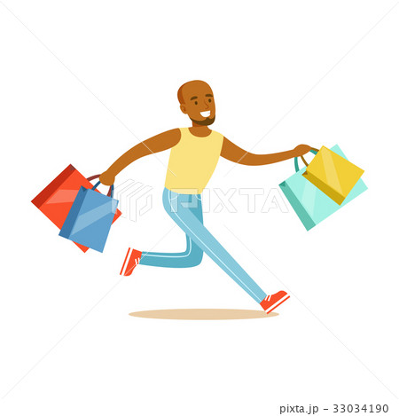 Young black man running with shopping bags Young black man running with shopping bags 33034190