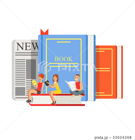 Micro young women and man sitting on a giant books 33034308