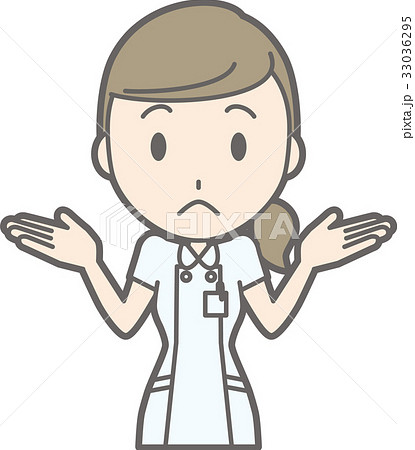 白衣を着た看護師が肩をすくめてお手上げのポーズをしているイラストのイラスト素材
