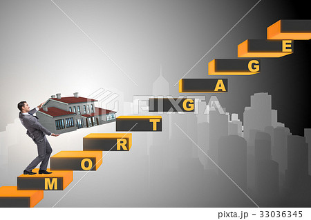 Businessman in mortgage debt financing concept Businessman in mortgage debt financing concept 33036345