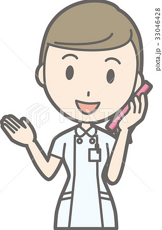 白衣を着た看護師がスマートフォンで電話をかけているイラストのイラスト素材