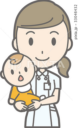 白衣を着た看護師が赤ちゃんを抱っこしているイラストのイラスト素材