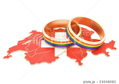 Swiss map with LGBT rainbow rings, 3D rendering Swiss map with LGBT rainbow rings, 3D rendering 33048082