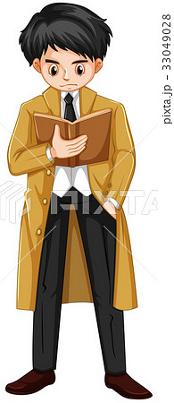 Man in brown overcoat reading book 33049028