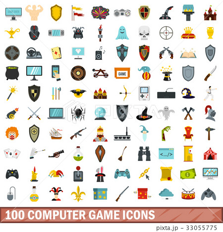 100 computer game icons set, flat style 33055775