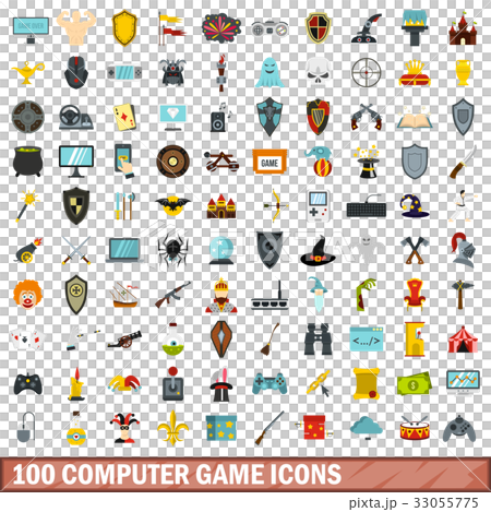 100 computer game icons set, flat style 33055775