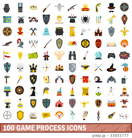 100 game process icons set, flat style 33055777