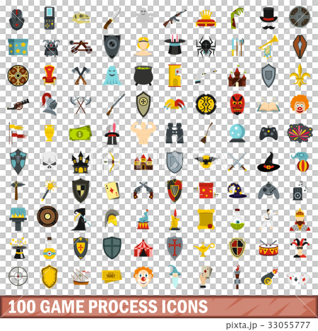 100 game process icons set, flat style 33055777