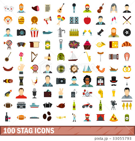 100 stag icons set, flat style 33055793