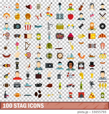 100 stag icons set, flat style 33055793