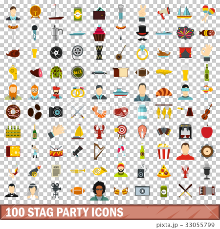 100 stag party icons set, flat style 100 stag party icons set, flat style 33055799