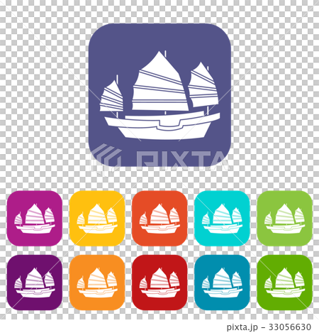 Junk boat icons set flat 33056630