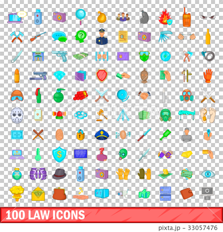 100 law icons set, cartoon style 33057476