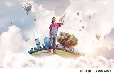 Concept of careless happy childhood with girl dreaming about fut Concept of careless happy childhood with girl dreaming about fut 33063804