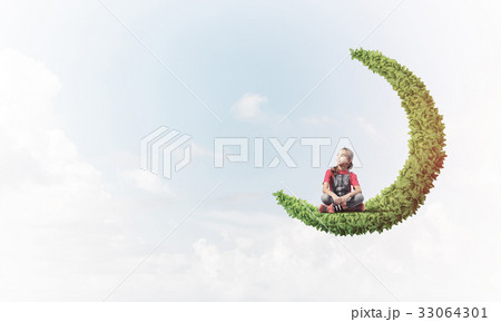 Concept of careless happy childhood with girl dreaming about som Concept of careless happy childhood with girl dreaming about som 33064301