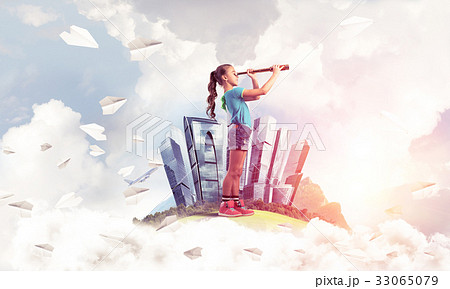 Concept of careless happy childhood with girl looking in future 33065079