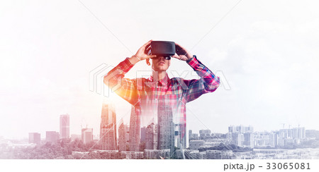 Guy wearing checked shirt and virtual mask demonstrating some emotions 33065081